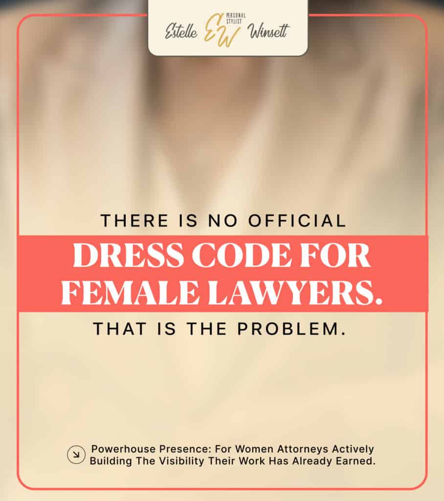 Dress code for female lawyers — cover graphic reading "There is no official dress code for female lawyers. That is the problem."